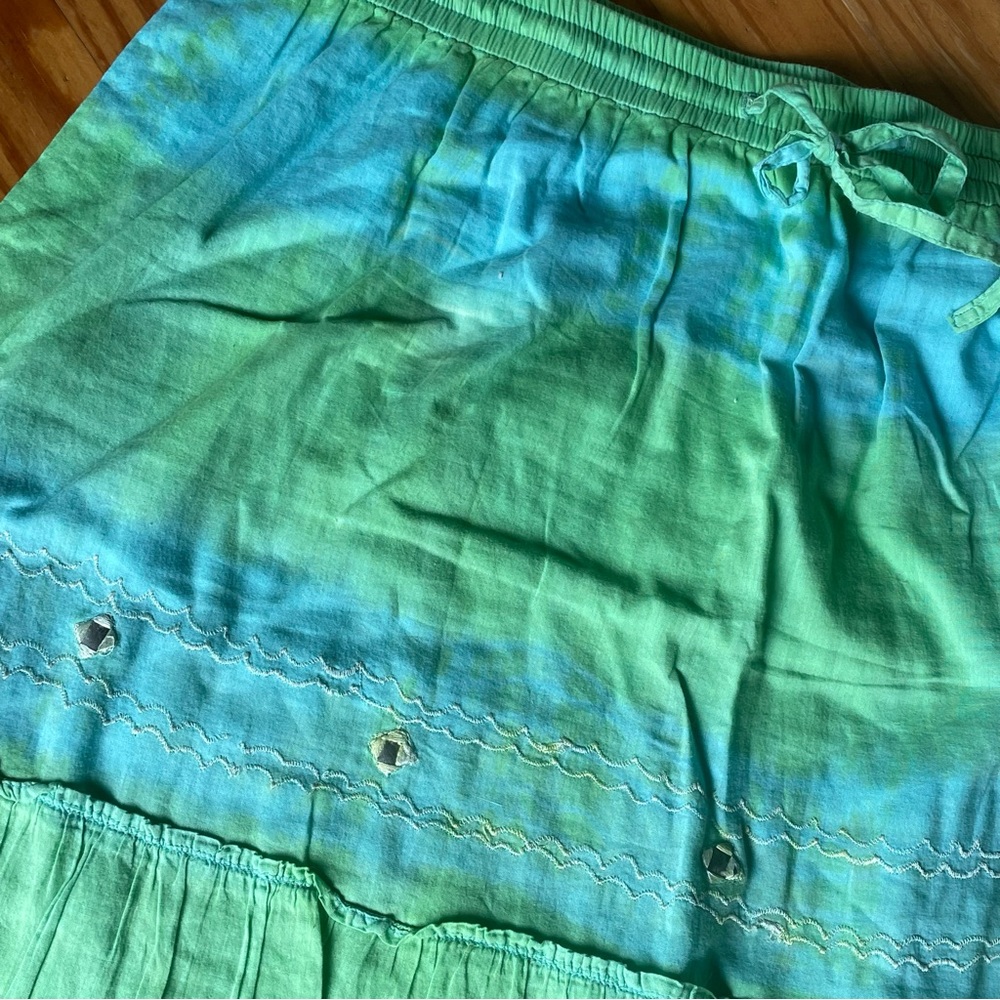Plus Sz Boho Long Maxi Blue Green Ombré Cotton Skirt 1X